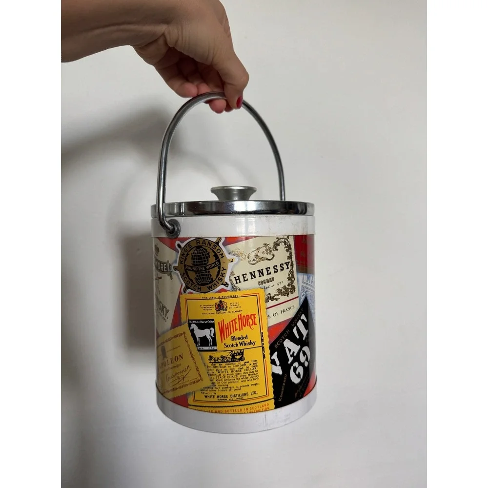 Vintage Liquor Label Collage Ice Bucket Chrome Lid Japan Mid Century Barware